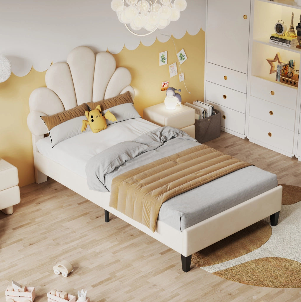 Letto imbottito 90x200 cm; testiera floreale; velluto beige (Senza materasso)