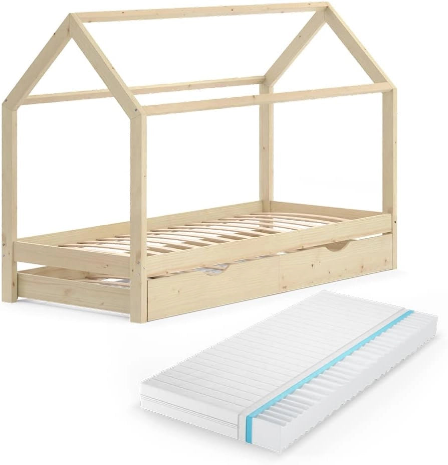 Letto da casa Wiki, Legno naturale, 90x200 cm con letto per ospiti, in legno massello con protezione anticaduta e rete a doghe