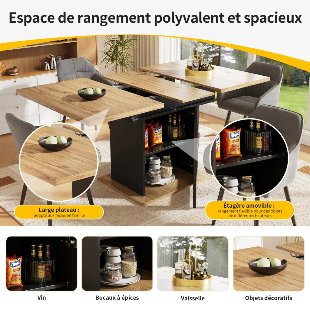 Tavolo da pranzo allungabile per 6-8 persone con 3 ripiani e ripiani regolabili in mdf e vetro nero