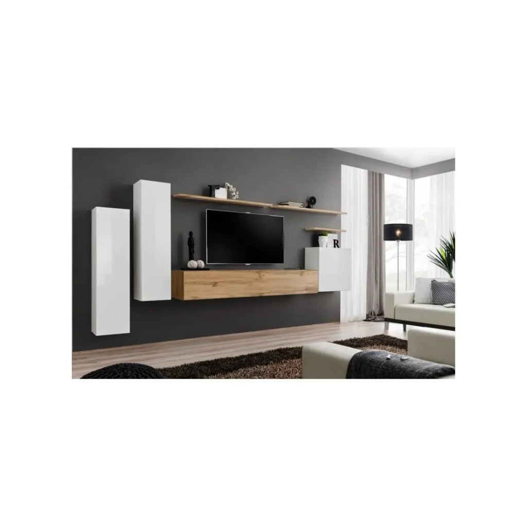 Set di mobili da soggiorno collezione SWITCH I design, colore bianco lucido e rovere Wotan.
