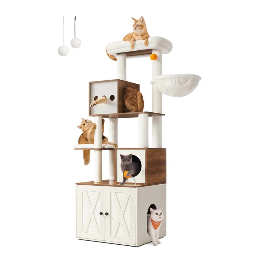 Tiragraffi moderno con copertura per lettiera torre gioco tiragraffi con lettiera 185 cm nascondiglio piattaforma tappetini lavabili beige 12_0003867