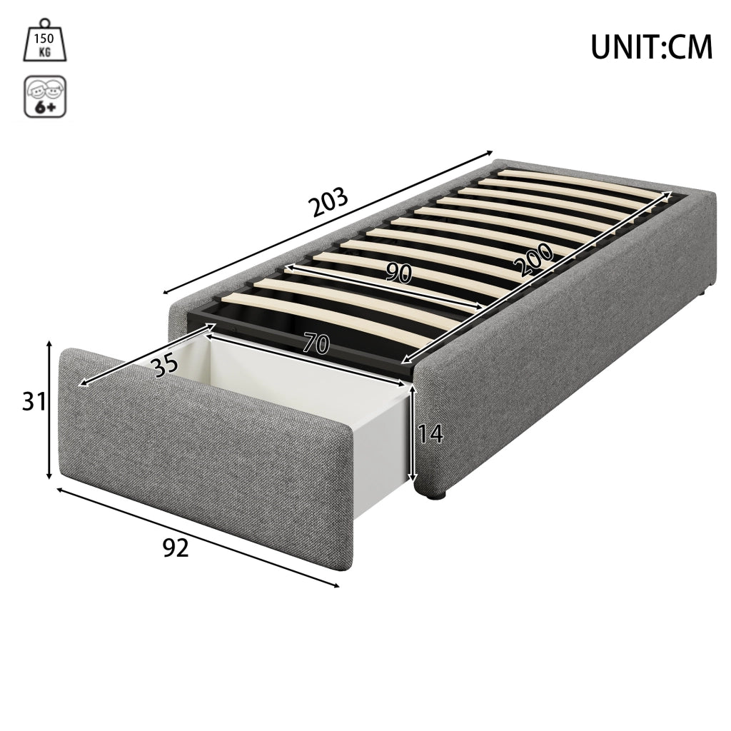 Letto imbottito 90x200 cm grigio con contenitore idraulico e cassetto