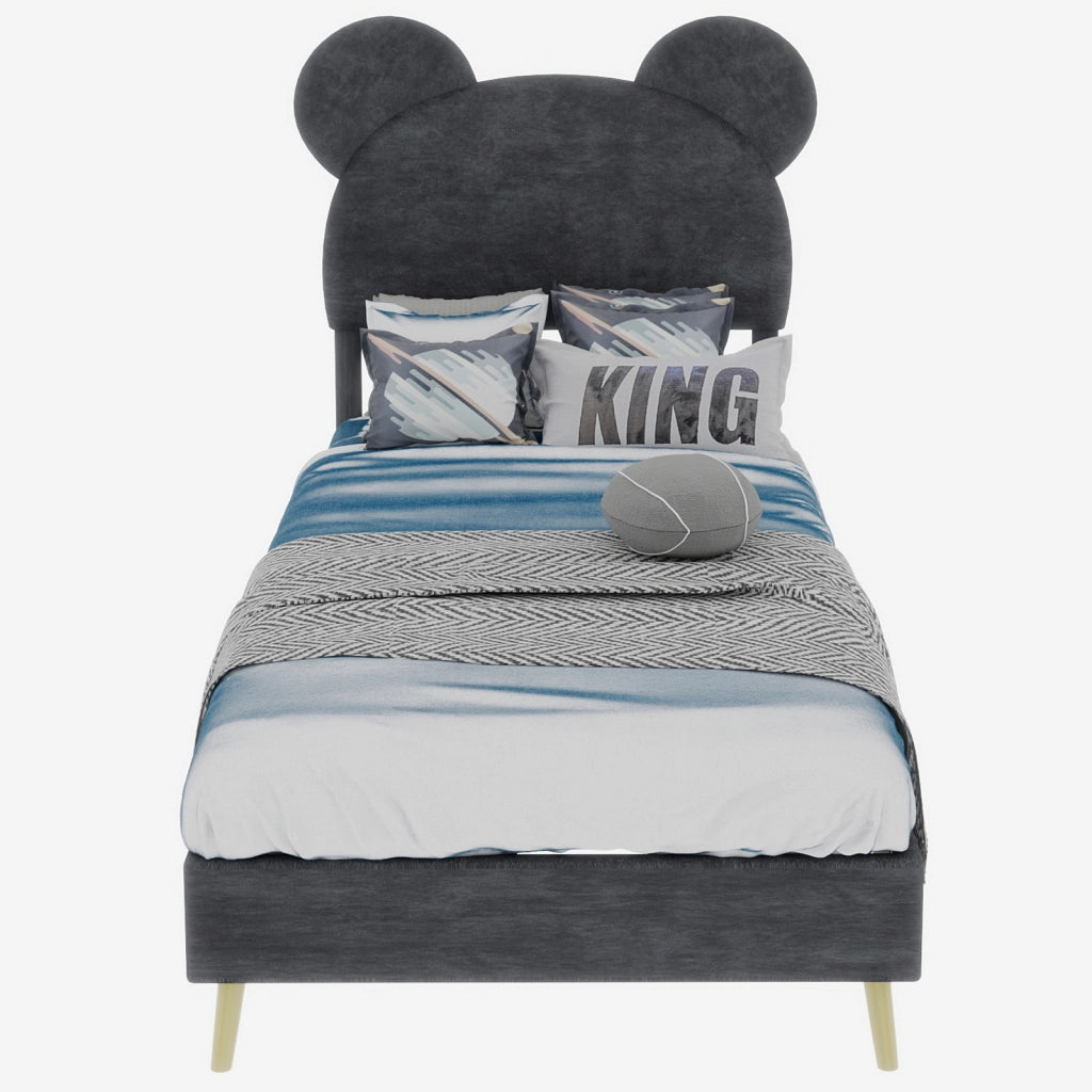 Letto Singolo 90x200 cm; Contenitore con Testiera Sagomata; in Tessuto e Metallo; Grigio