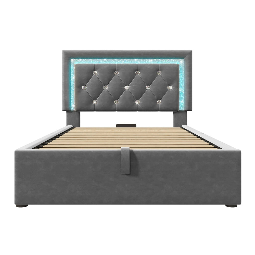 Letto imbottito-Xylo-90x200cm LED diamante USB-C idraulico velluto grigio con materasso