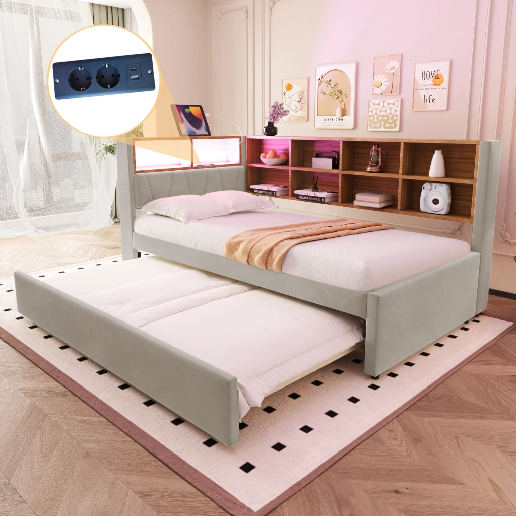 Divano letto multifunzionale 90x200 cm con letto estraibile 90x190 cm, luci LED, prese multimediali, vani contenitore, flanella, grigio chiaro
