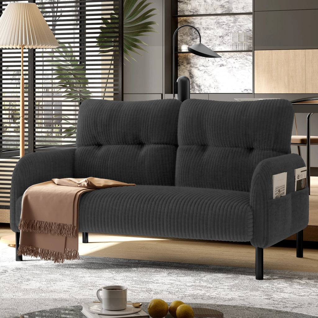 Divano a 2 posti in velluto a coste con schienale ergonomico e tasca laterale in metallo grigio 120 × 75 × 79 cm