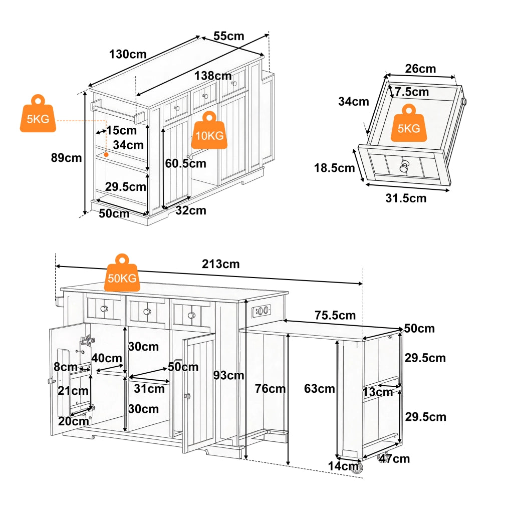 Isola da Cucina Mobile 138/213x55x93 cm con Tavolo Estensibile; 7 Ruote; 2 Prese; 2 USB e Cassetti