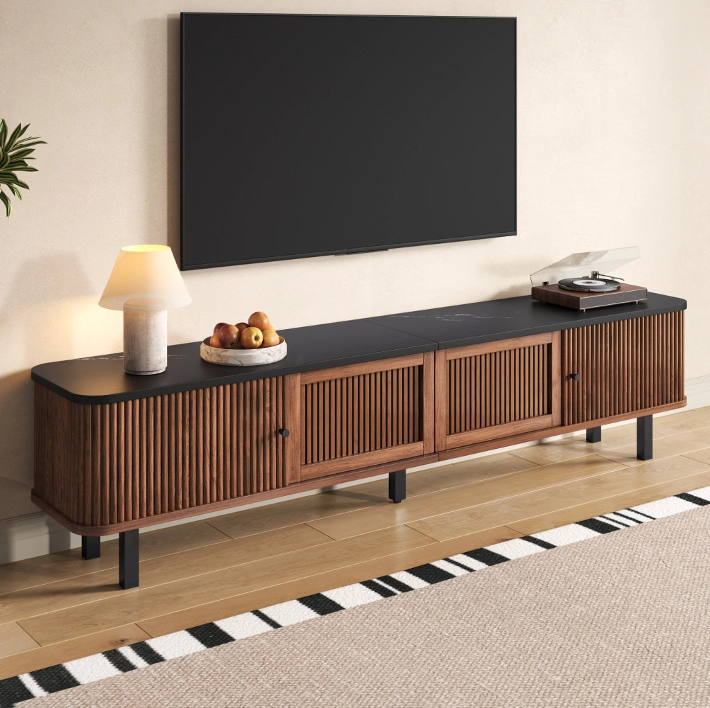 Mobile TV 190x35x45 cm con ante scorrevoli e griglia in MDF e pannello truciolare noce