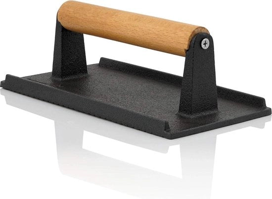 Pesi in ghisa per carni - 21 x 11 cm - 1 kg - Peso per griglia di burger con maniglia in legno accessori barbecue