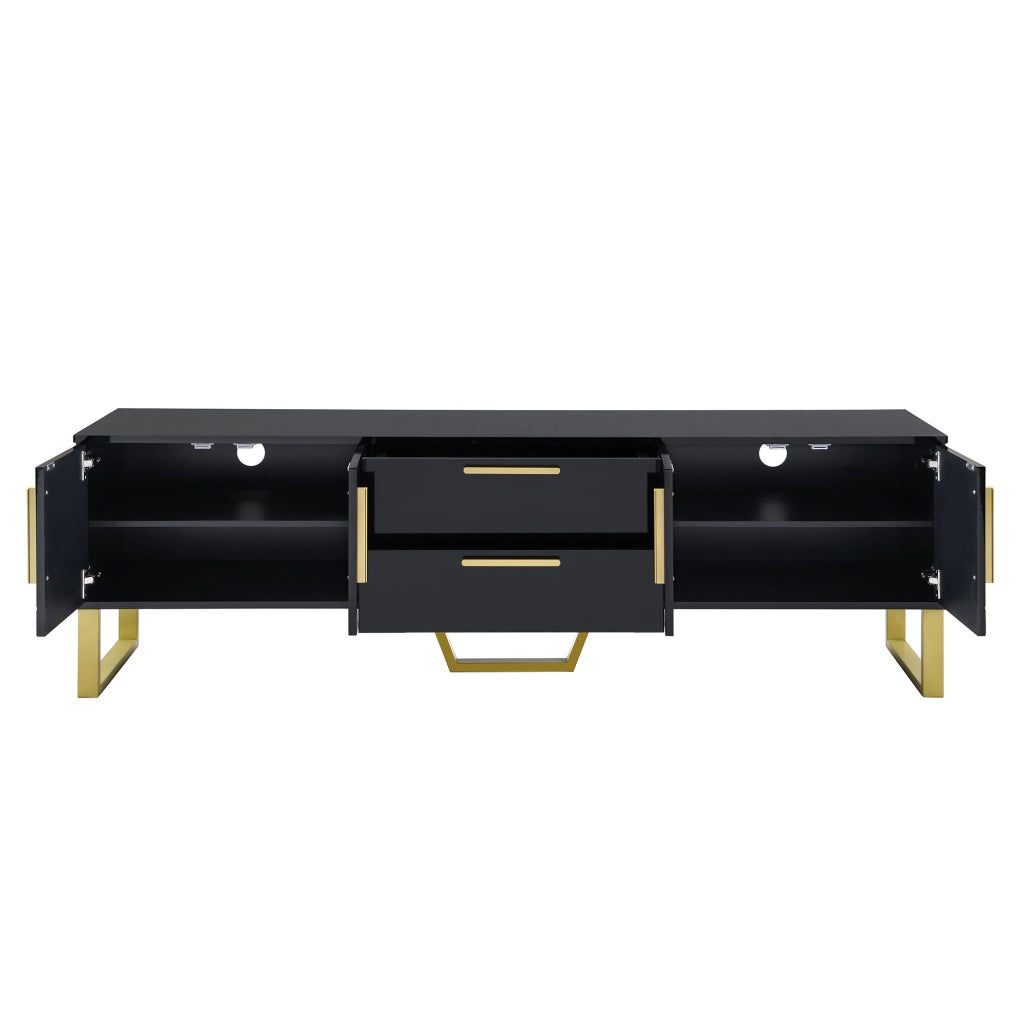 Mobile porta TV con 4 ante, 2 cassetti centrali e ripiani interni, finitura lucida, in MDF nero e oro, 170 × 40 × 53,5 cm