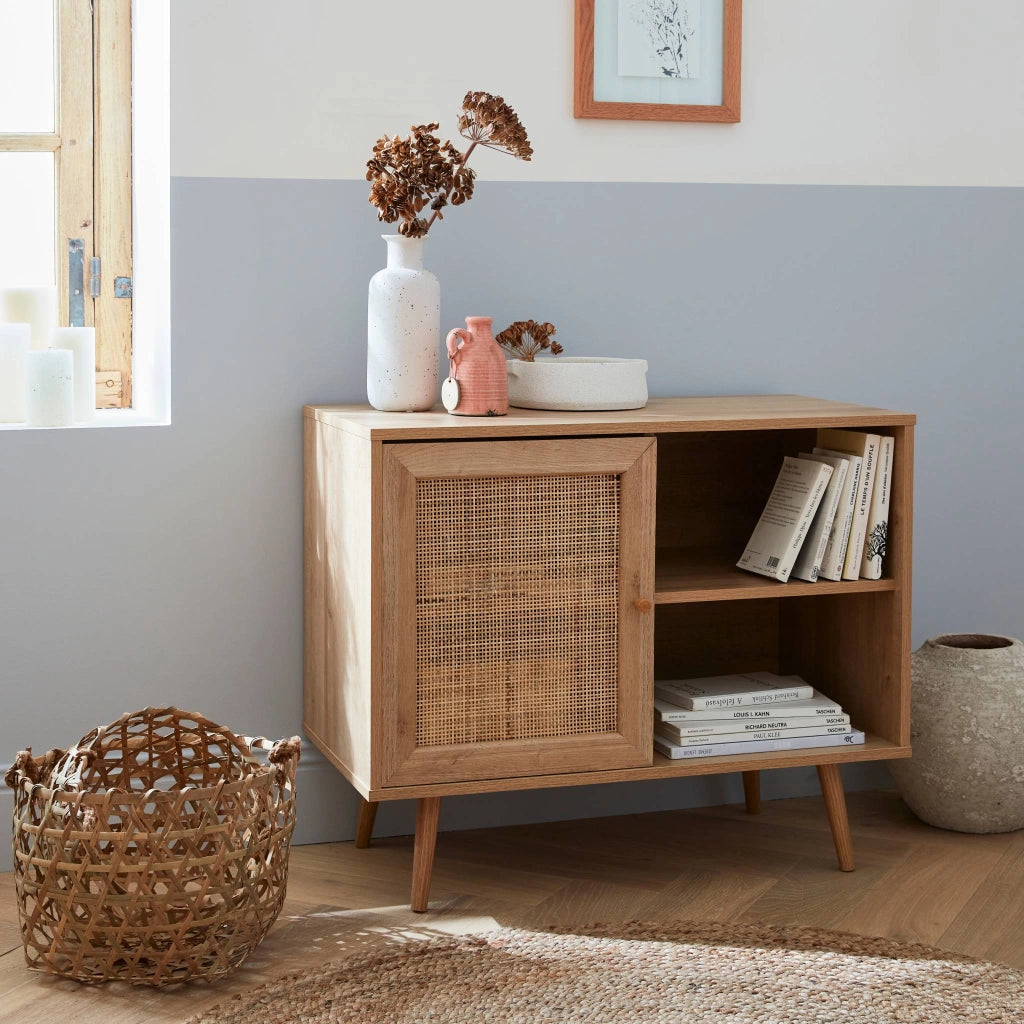 Credenza in cannage, 1 anta, 80cm, marrone naturale