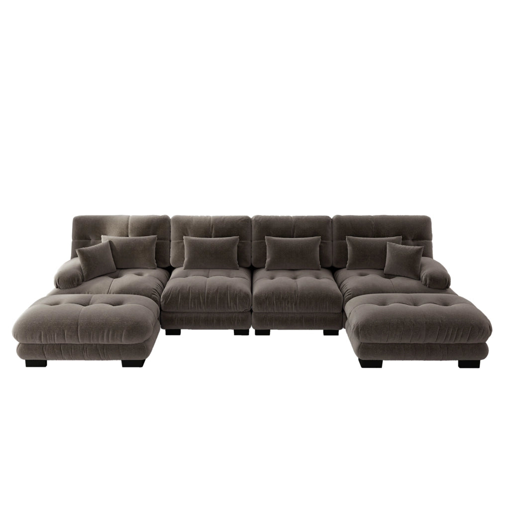 Divano modulare con pouf mobili in ciniglia; marrone; configurabile a U; L o lineare