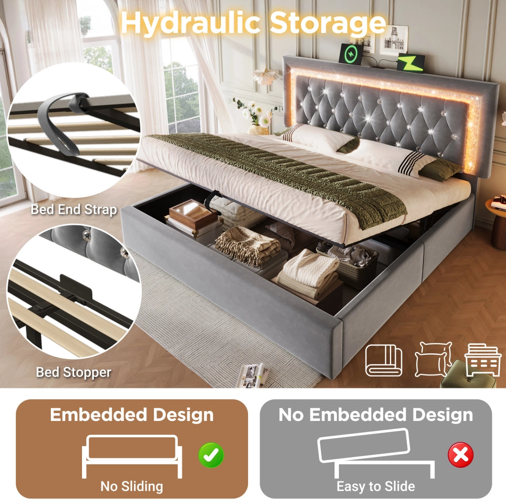 Letto matrimoniale 160x200 cm con contenitore idraulico; LED; USB e USB-C in velluto grigio