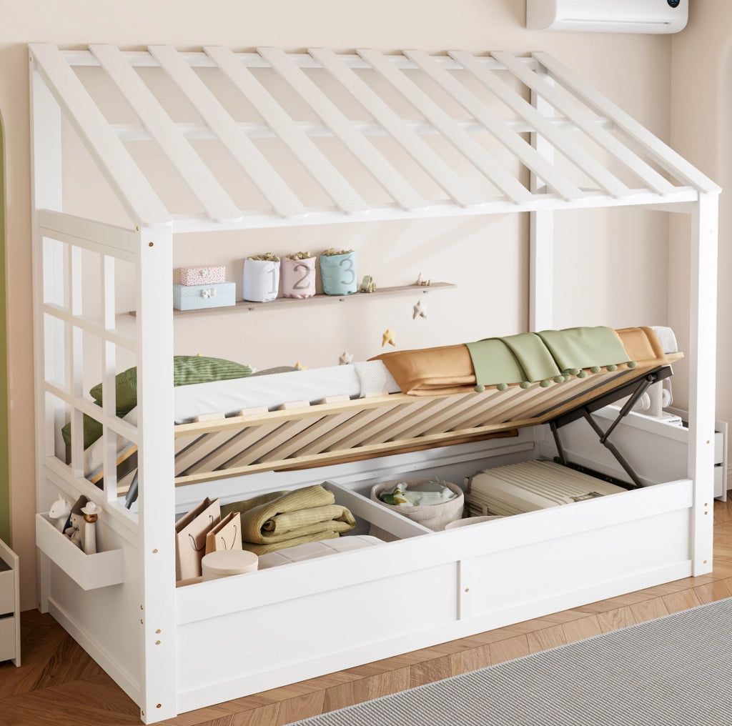 Letto per bambini 90 x 200 cm con contenitore idraulico e vani laterali; bianco