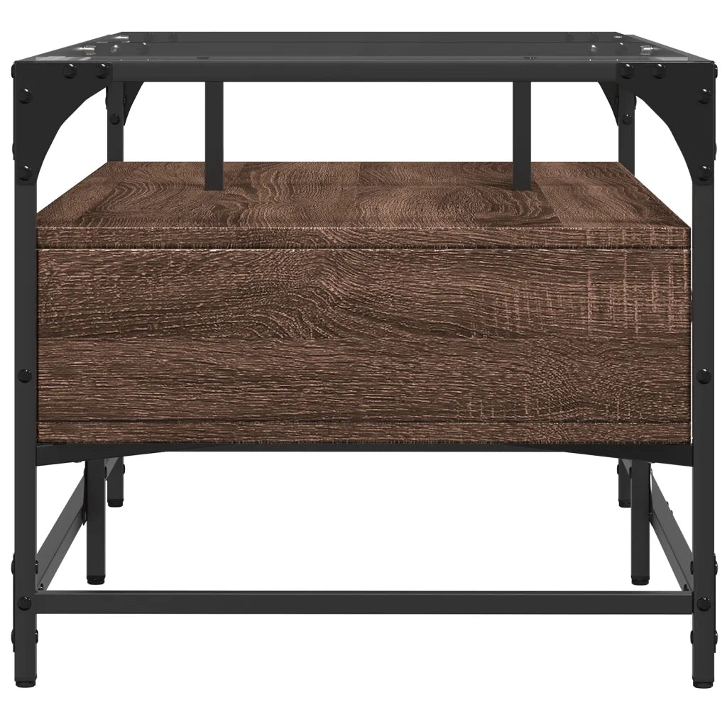 Tavolino da salotto | Tavolino da caff¨¨ | Tavolino da Soggiorno con Piano in Vetro Rovere Marrone 98,5x50x45cm Acciaio