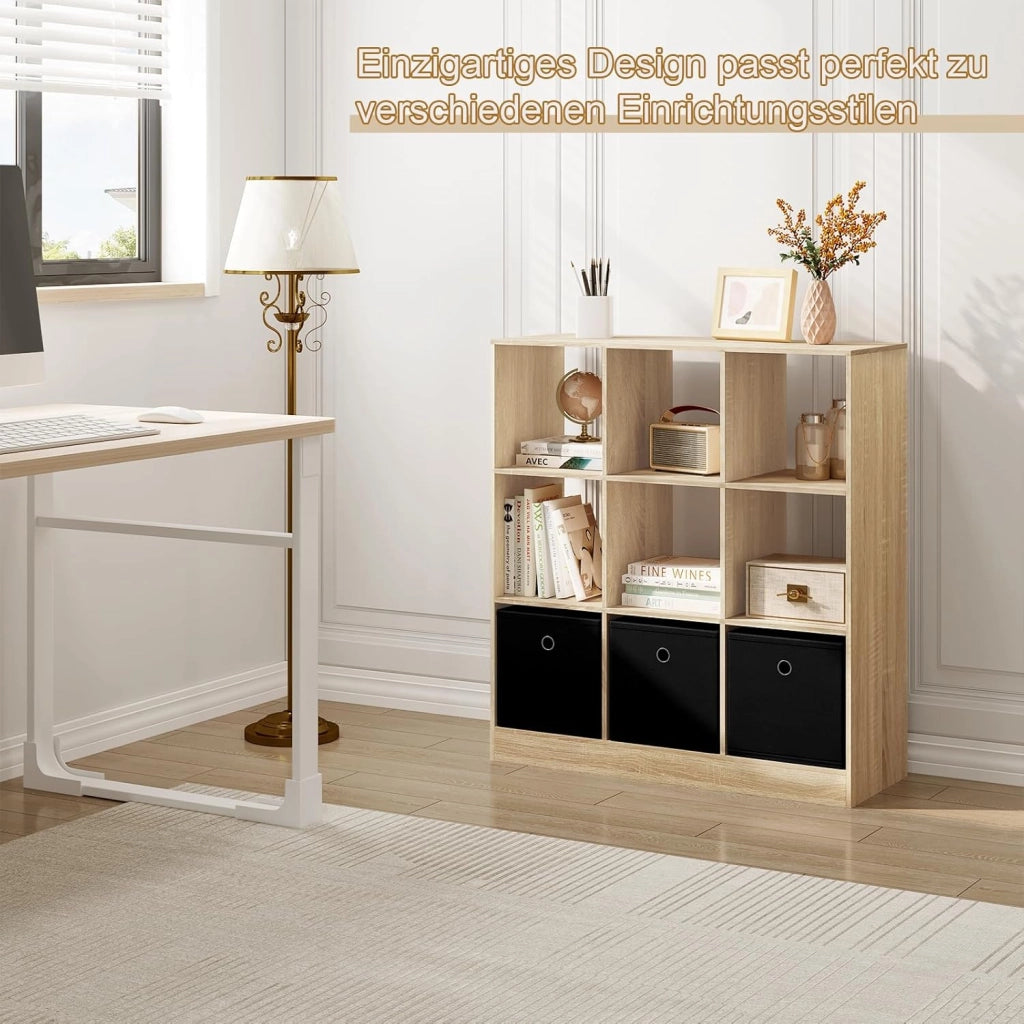 Libreria Scaffale, Libreria a 9 Cubi Portaoggetti, Scaffale in Legno con 3 Cassetti in Tessuto Non Tessuto, per Soggiorno, Camera da Letto, Ufficio, Rovere Chiaro, 80x30x86,5 cm, SK041hei