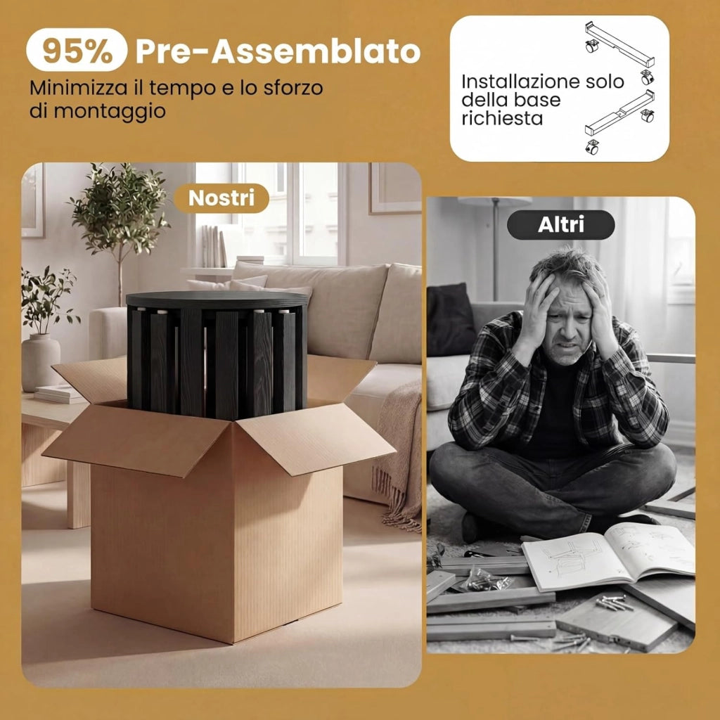 Set di 4 Sgabelli Impilabili 4 in 1, Sgabelli in Legno con Portavaso con Rotelle, 2 Grandi Ø36 cm e 2 Piccoli Ø35 cm, Tavolino Laterale Rotondo per Soggiorno e Camera da Letto (Nero)