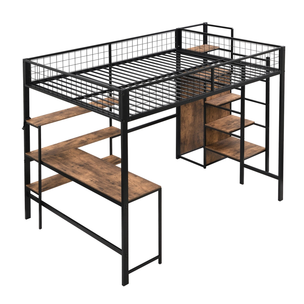 Letto a soppalco 140x200 cm; scrivania e armadio; MDF e metallo; nero e marrone (Senza materasso)