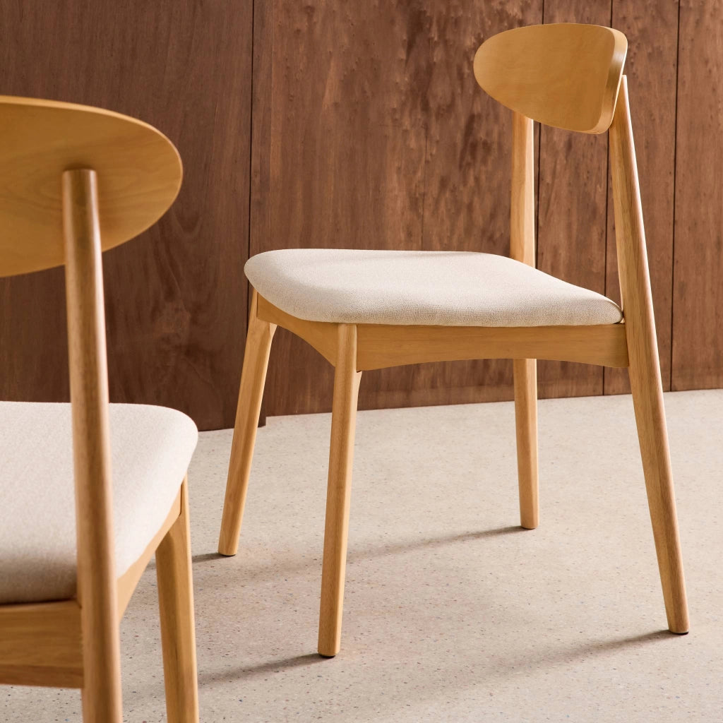 Set 2 sedie vintage in legno di hevea naturale e tessuto, beige