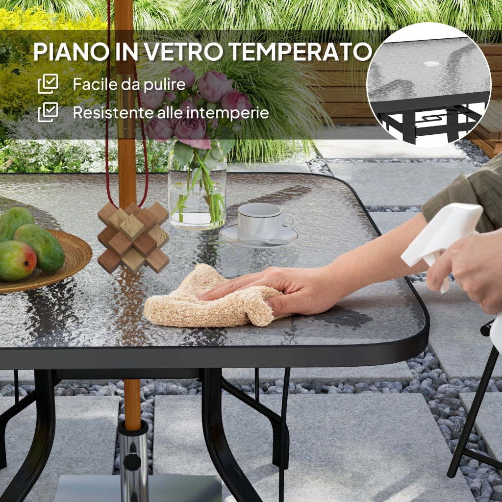 Tavolo da Giardino a 4 Posti 96,5x96,5x70 cm con Piano in Vetro e Foro per Ombrellone Ø54 mm Nero