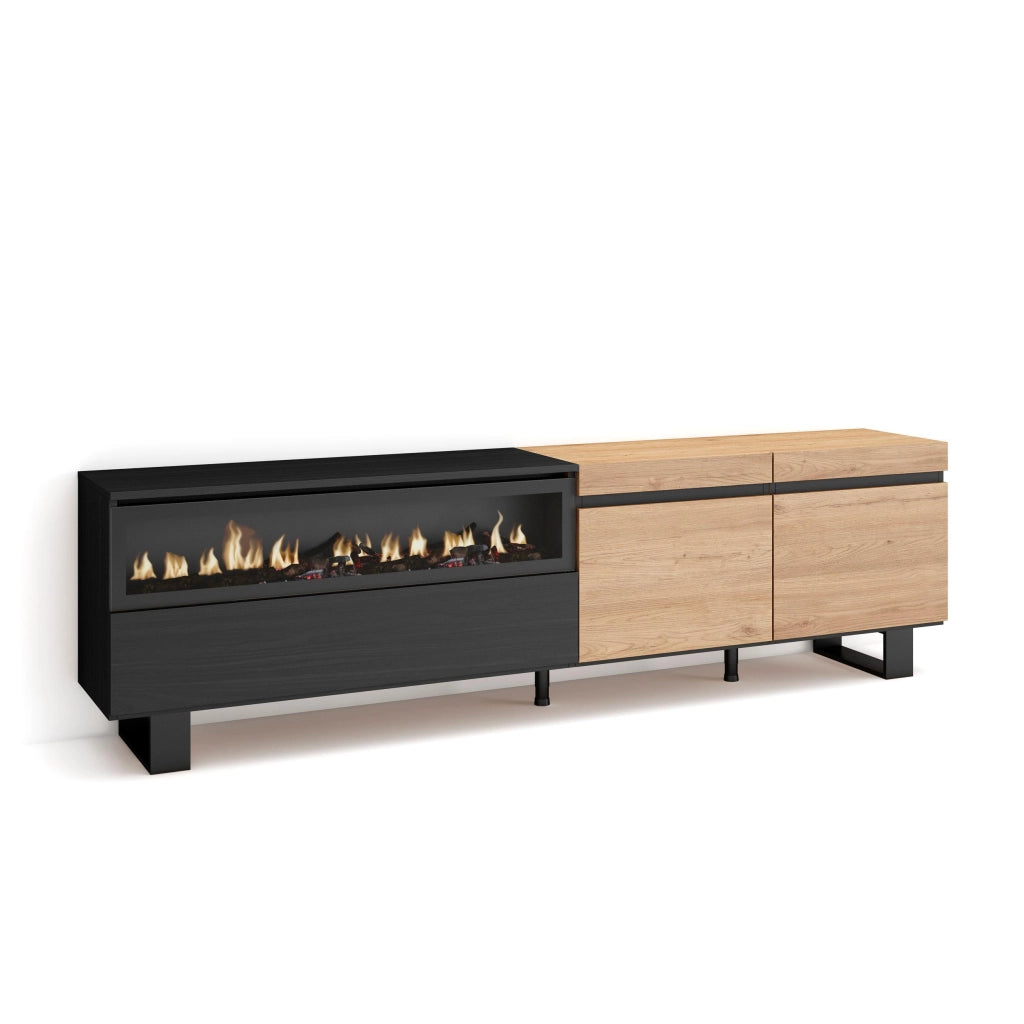 Mobile TV, 200x35x57cm, soggiorno, Per TV fino a 80", Camino elettrico, Design industriale, colore Rovere e nero RF2254