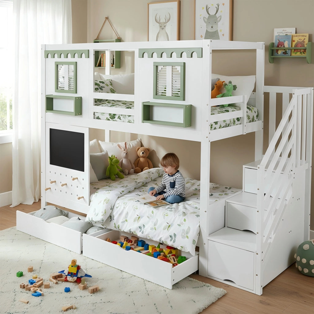 Letto a castello per bambini 90x200 cm con scala contenitore, 2 cassetti, lavagna e pannello forato, bianco+verde