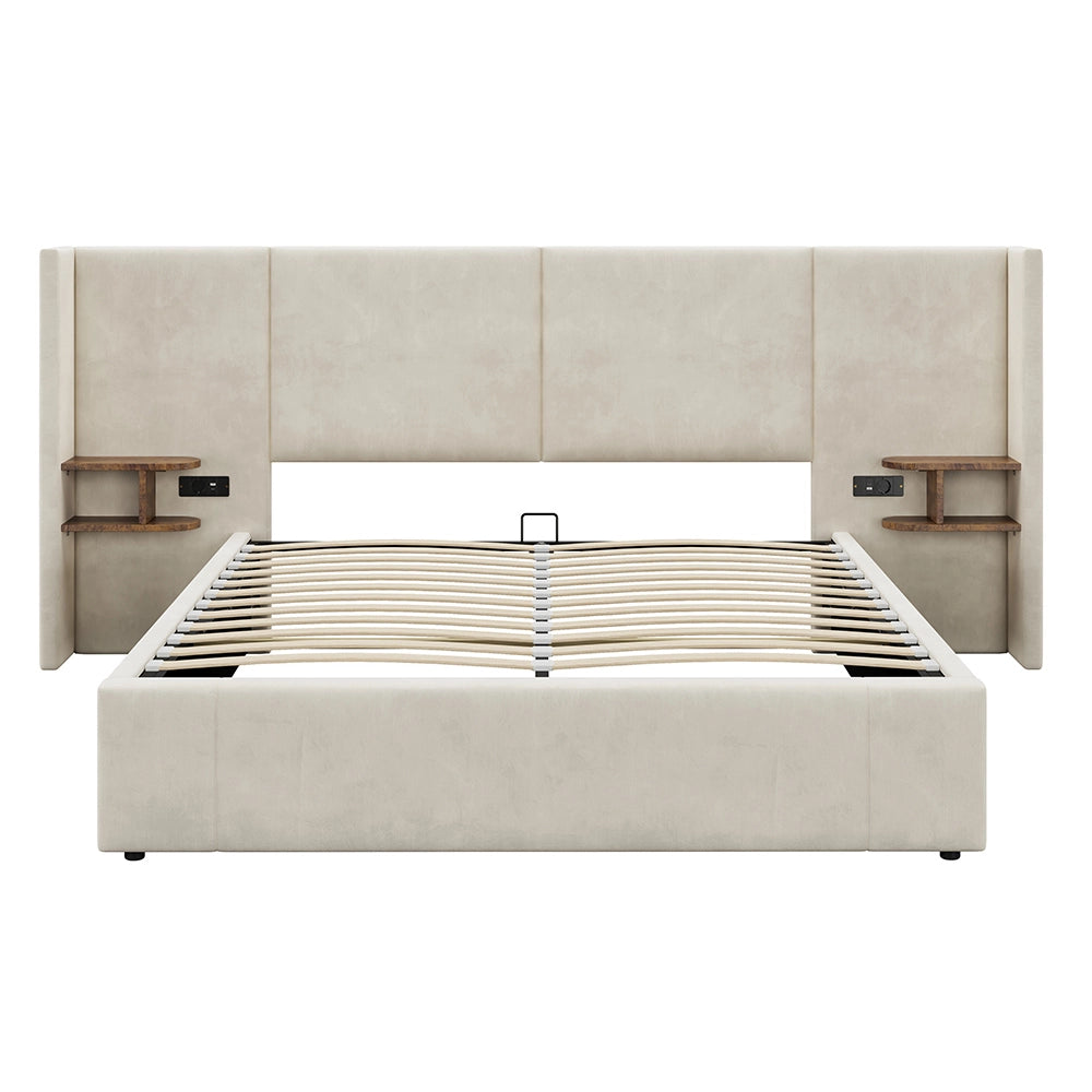 Letto imbottito idraulico 160x200 cm - Xylo - Orecchie larghe USB prese di corrente 2 comodini Velours Beige