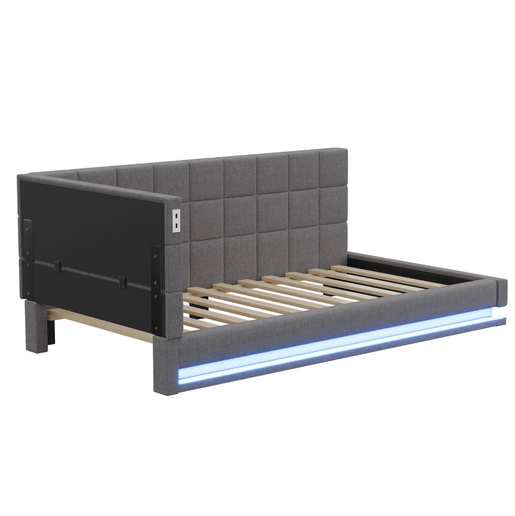 Divano letto 90x200 cm grigio in lino, con LED, USB e rete a doghe