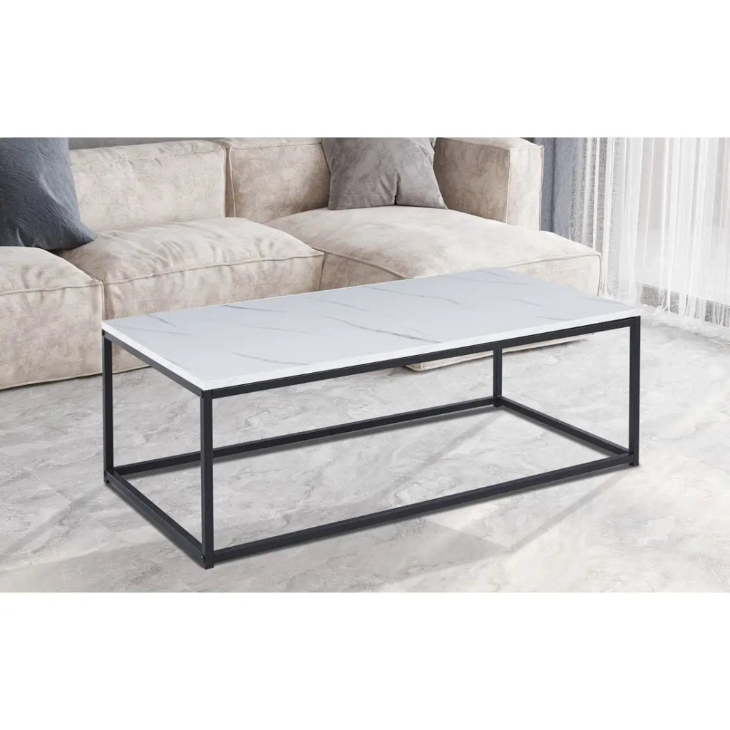 Tavolino basso EWING – Effetto marmo bianco e metallo nero – Design rettangolare