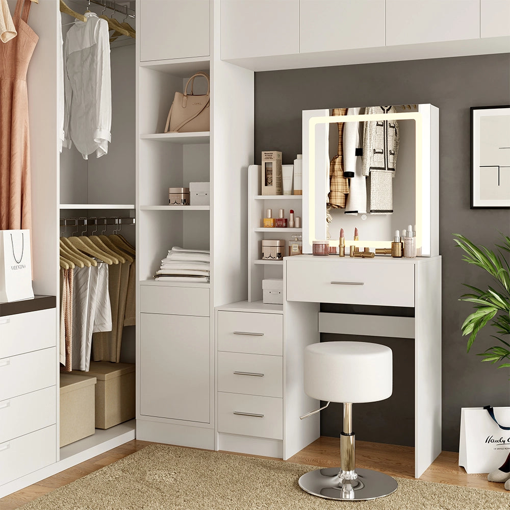 Vicco Tavolo da toilette Bianco 80 cm con specchio LED e sgabello
