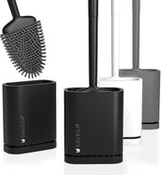Spazzola per il water con testa piatta e flessibile, spazzola per il water in silicone con supporto rapido asciugamento, moderna spazzola per il water per fissaggio alla parete senza perforazione (nero, opaca), set unico