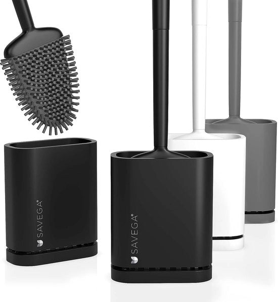 Spazzola per il water con testa piatta e flessibile, spazzola per il water in silicone con supporto rapido asciugamento, moderna spazzola per il water per fissaggio alla parete senza perforazione (nero, opaca), set unico