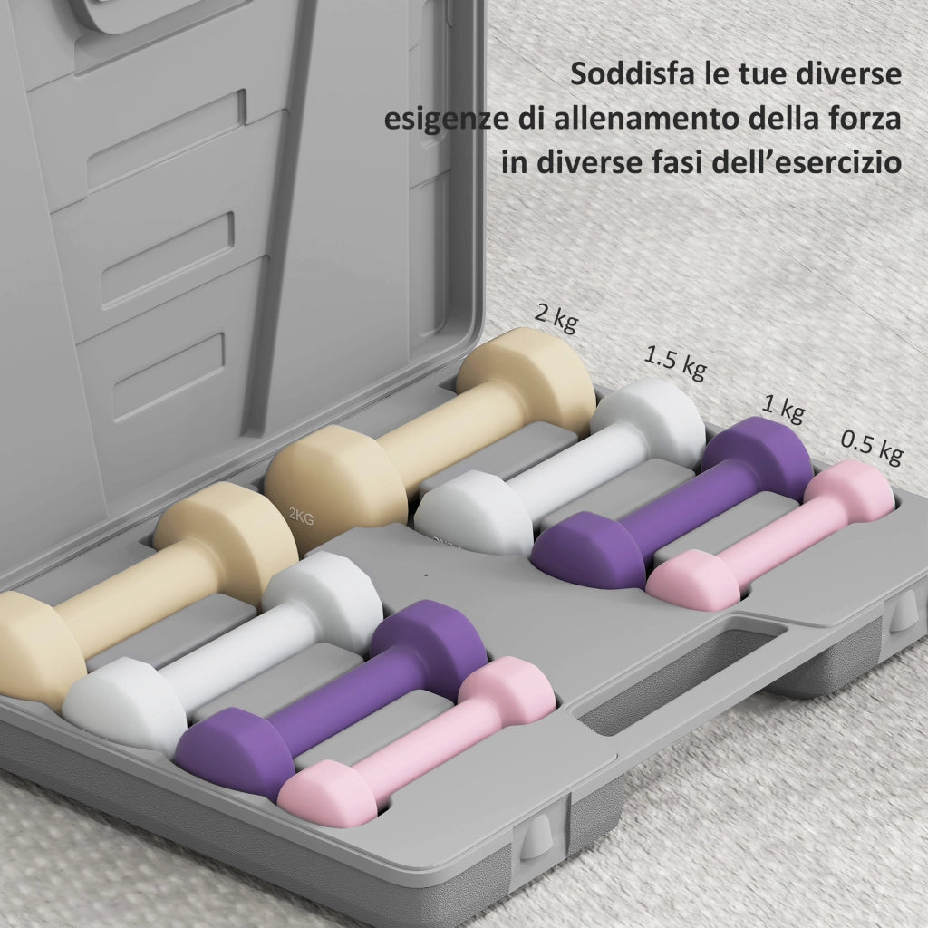 Set Manubri 10 kg con Valigetta Porta Pesi, in Metallo, PU e Plastica, 41x30x8 cm, Multicolore