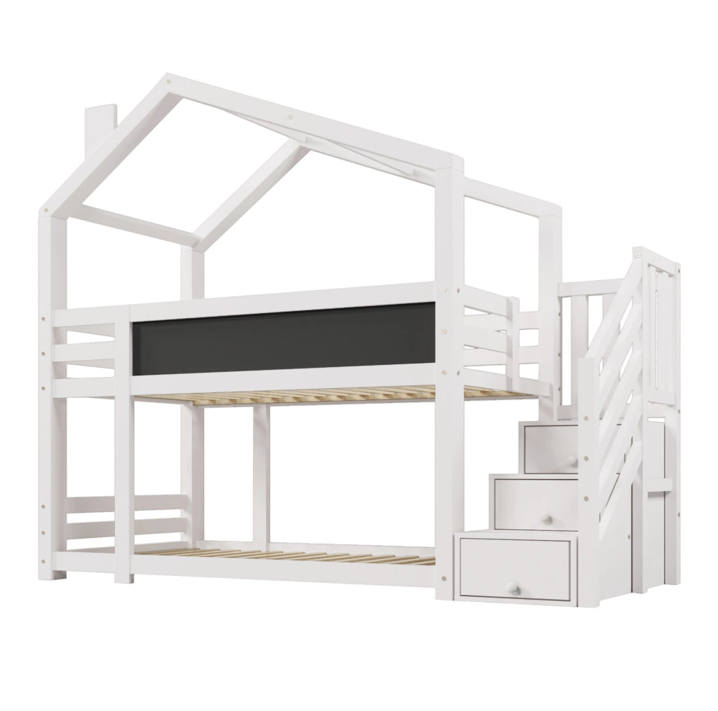 Letto a castello 90x200 cm a casetta con scala contenitore e lavagna in truciolare e legno bianco