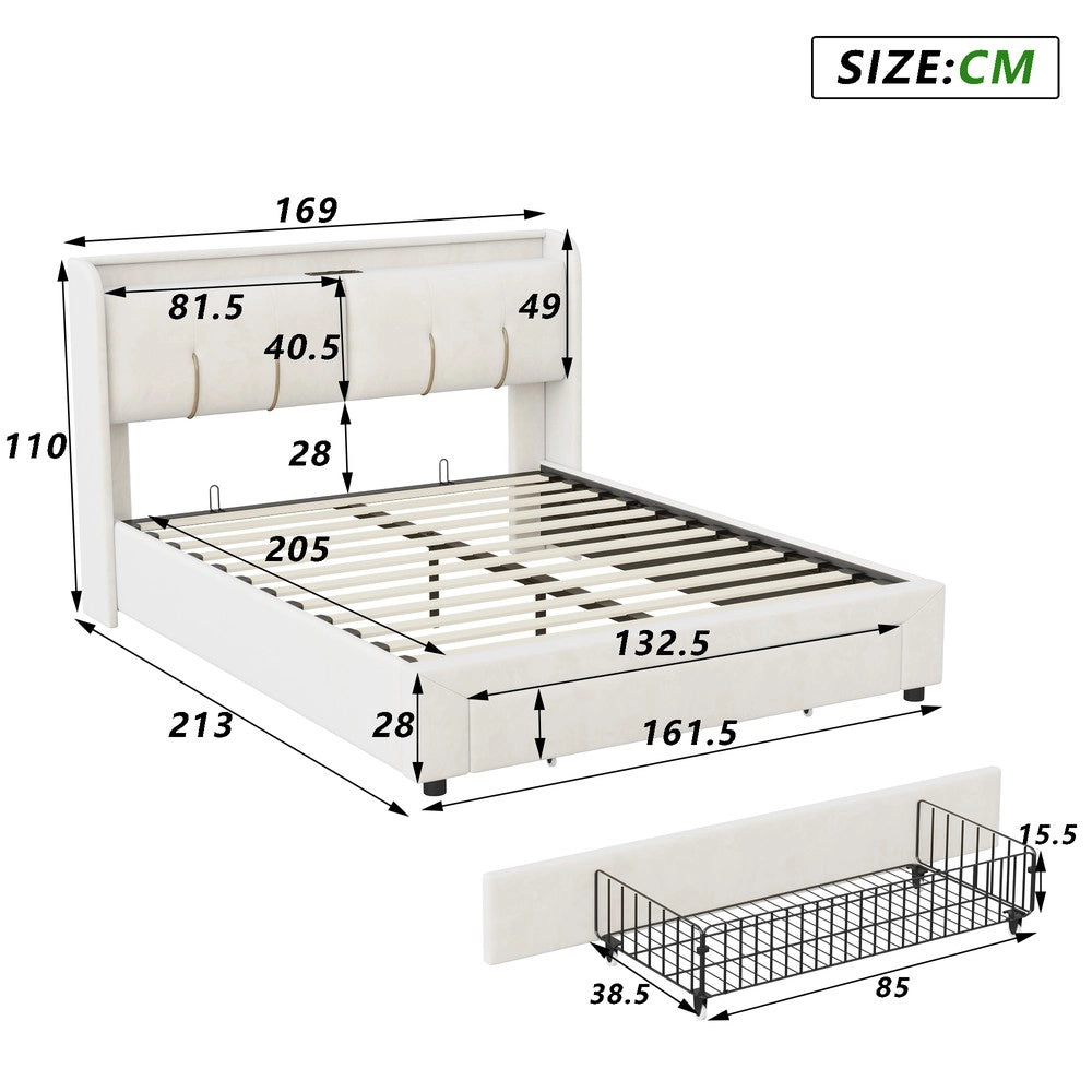 Letto contenitore matrimoniale con LED ¨C Minimal ¨C velluto beige 160x200cm
