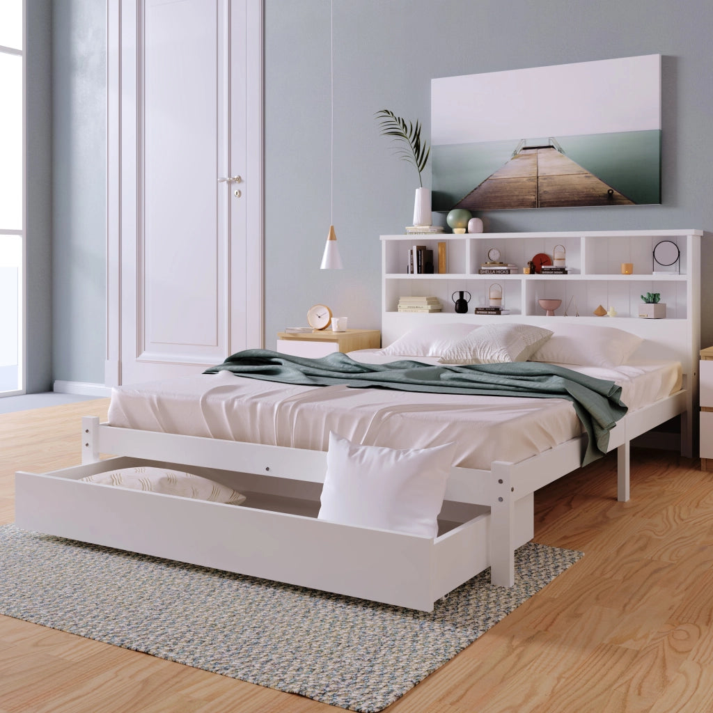 Letto matrimoniale 140x200 cm con testiera libreria e cassetti; bianco