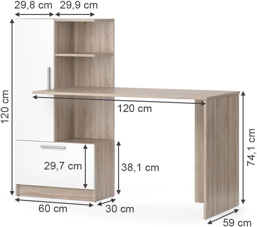 Scrivania con ripiani Tomy, Sonoma/Bianco, 150 x 59 cm, con ripiani aperti per una conservazione organizzata