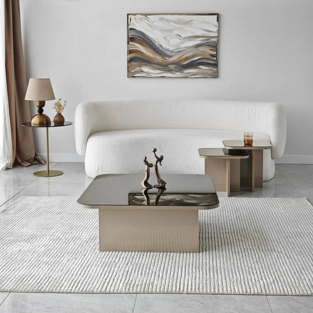 Tavolino da salotto Nuummite, Tavolo basso da caffè, Portariviste per divano, Ripiano da soggiorno, 80x80h40 cm, Tortora e Fumè