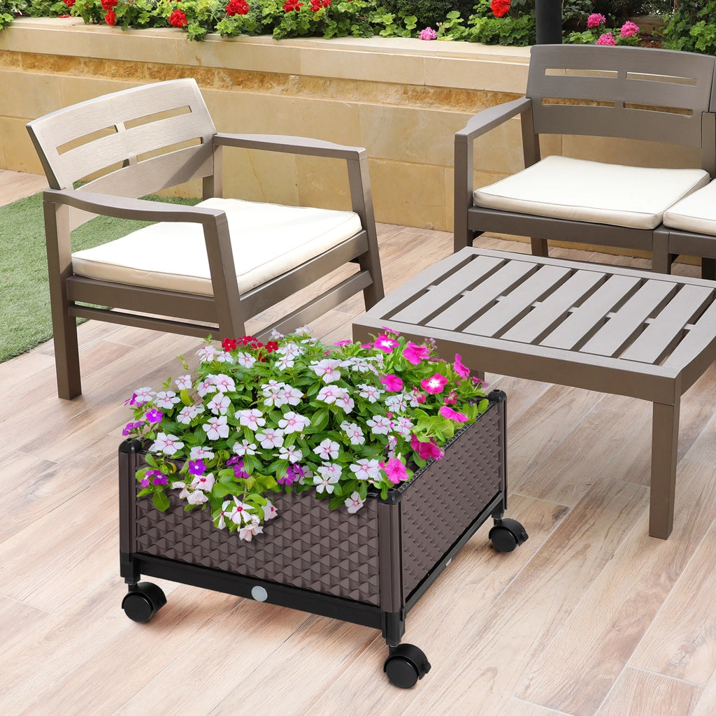 Vaso da Giardino in Plastica con Ruote e Fori di Drenaggio ¨C Zephmum ¨C 50x50x33 cm Marrone
