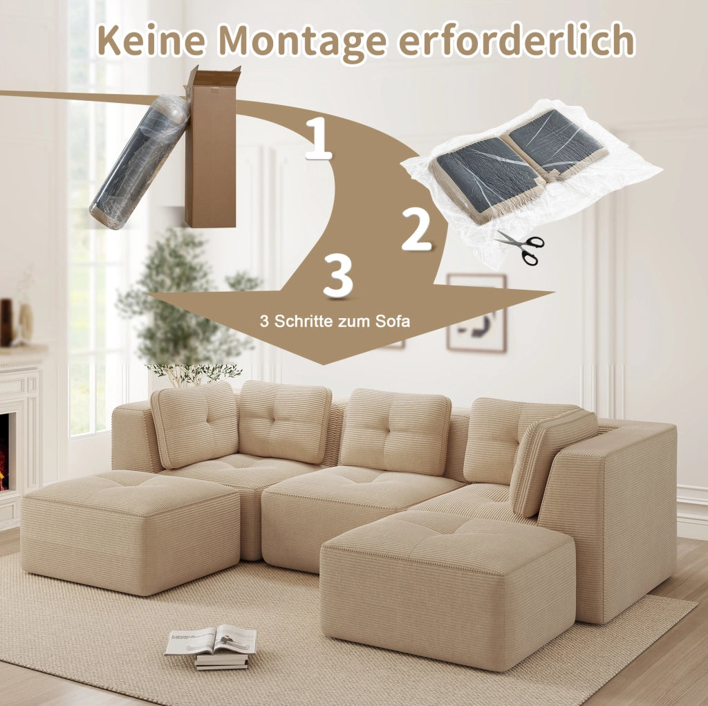 Divano angolare modulare in corduroy beige 297x177x69 cm con seduta profonda