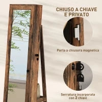Specchio Portagioie da Terra Girevole a 360° con Ripiani e Chiusura a Chiave, 55x55x161 cm, Marrone Rustico