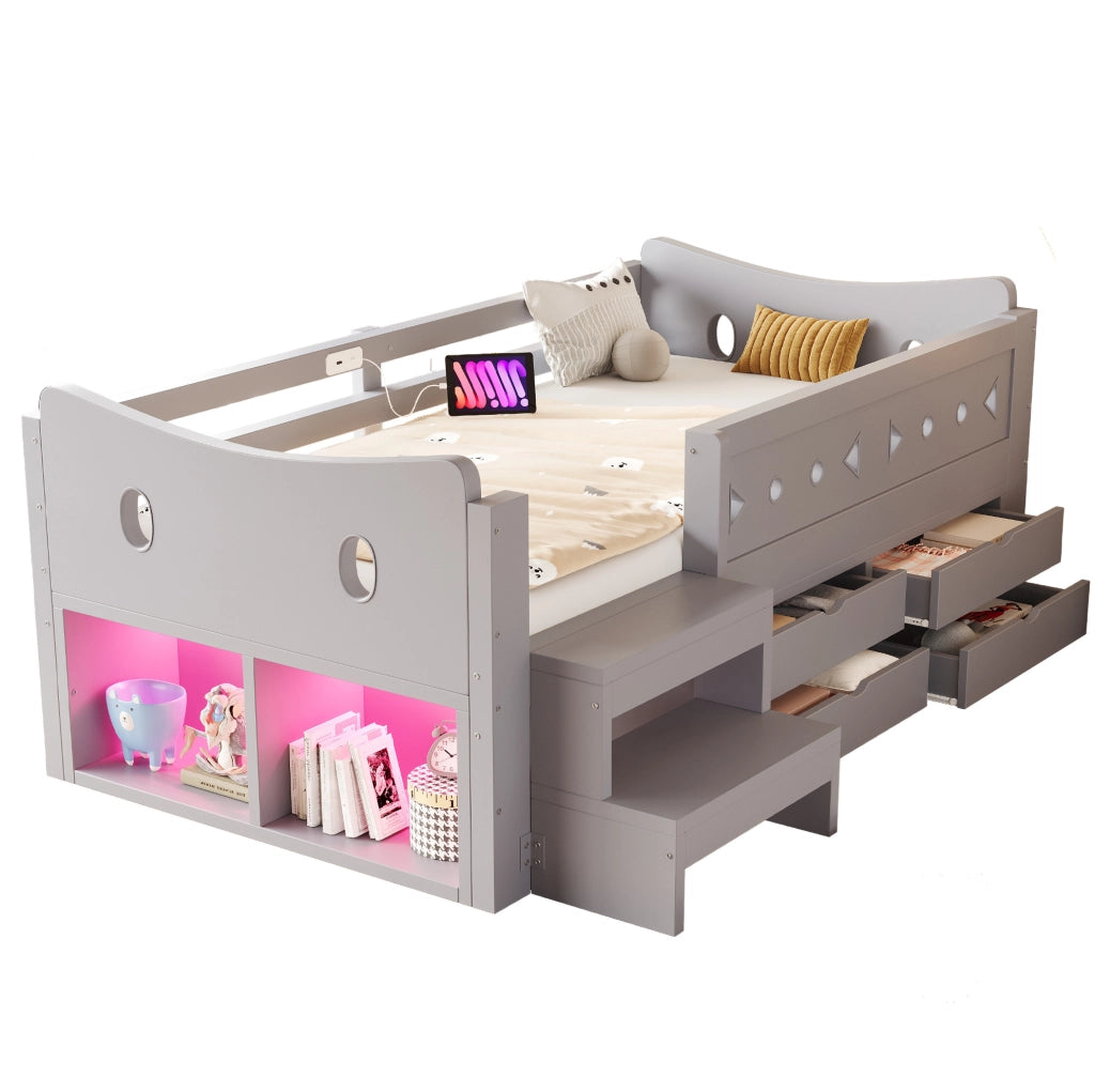 LETTO per Bambini 90x200 cm con Cassetti, LED e USB/Type-C Grigio