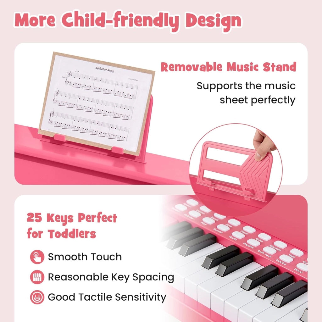 Pianoforte digitale a 25 tasti per bambini, pianoforte in legno con leggio, tasti illuminati, modalità didattica, 6 strumenti, 8 percussioni, tastiera per pianoforte con registrazione e