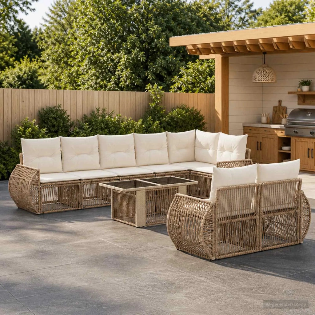 Set Divano da Giardino 9 pz Beige e Bianco Crema polyrattan 3436974