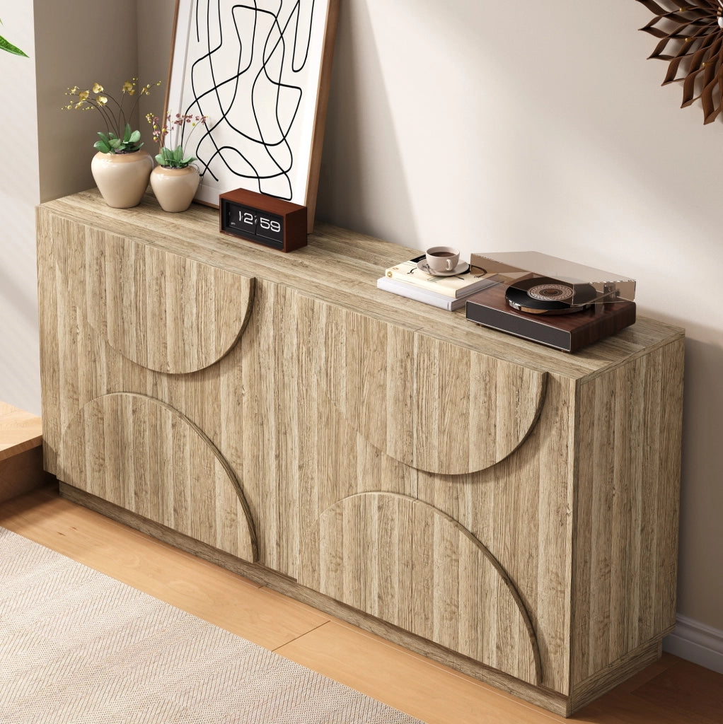 Sideboard in legno naturale 160x40x80 cm con ante a molla e ripiani regolabili