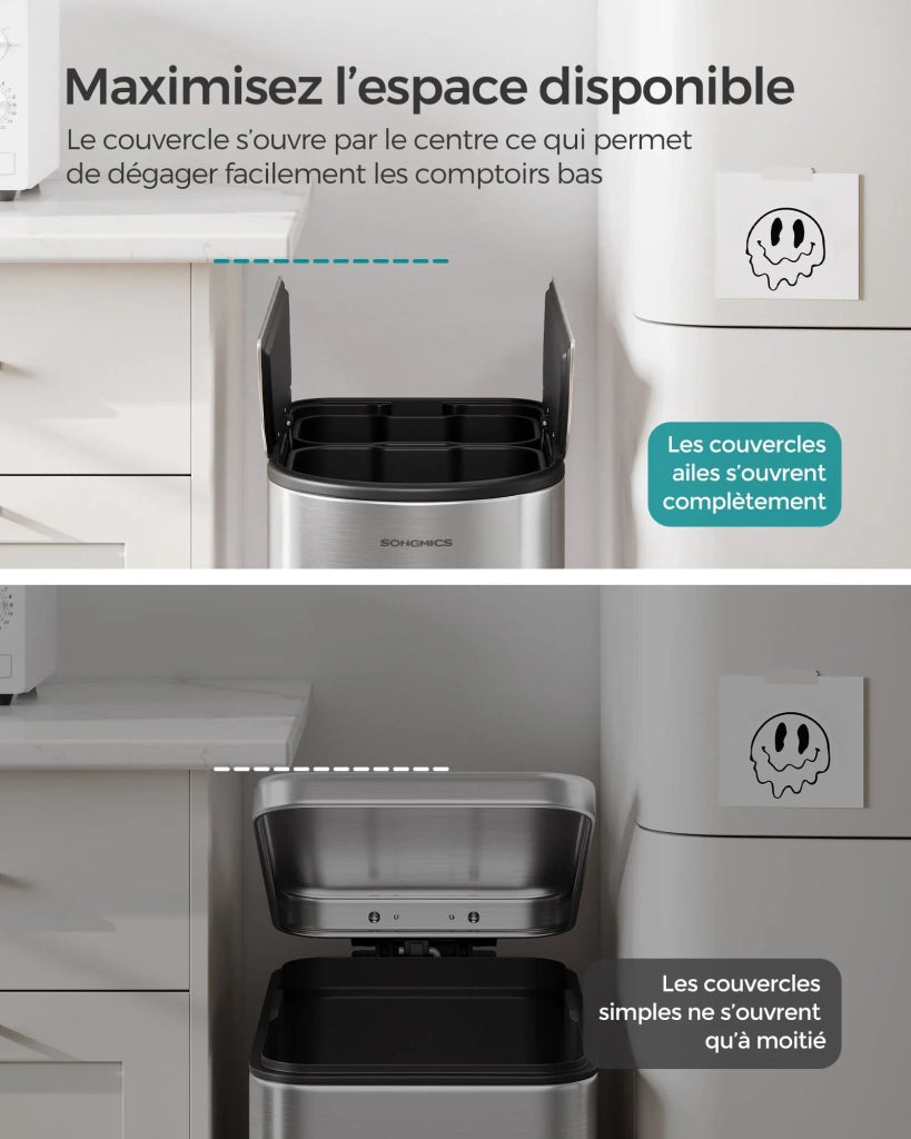 Pattumiera doppia da cucina 30 litri e 20 litri design sottile 2 scomparti per la raccolta differenziata e il riciclaggio dei rifiuti con pedale e coperchi grigi 12_0007209