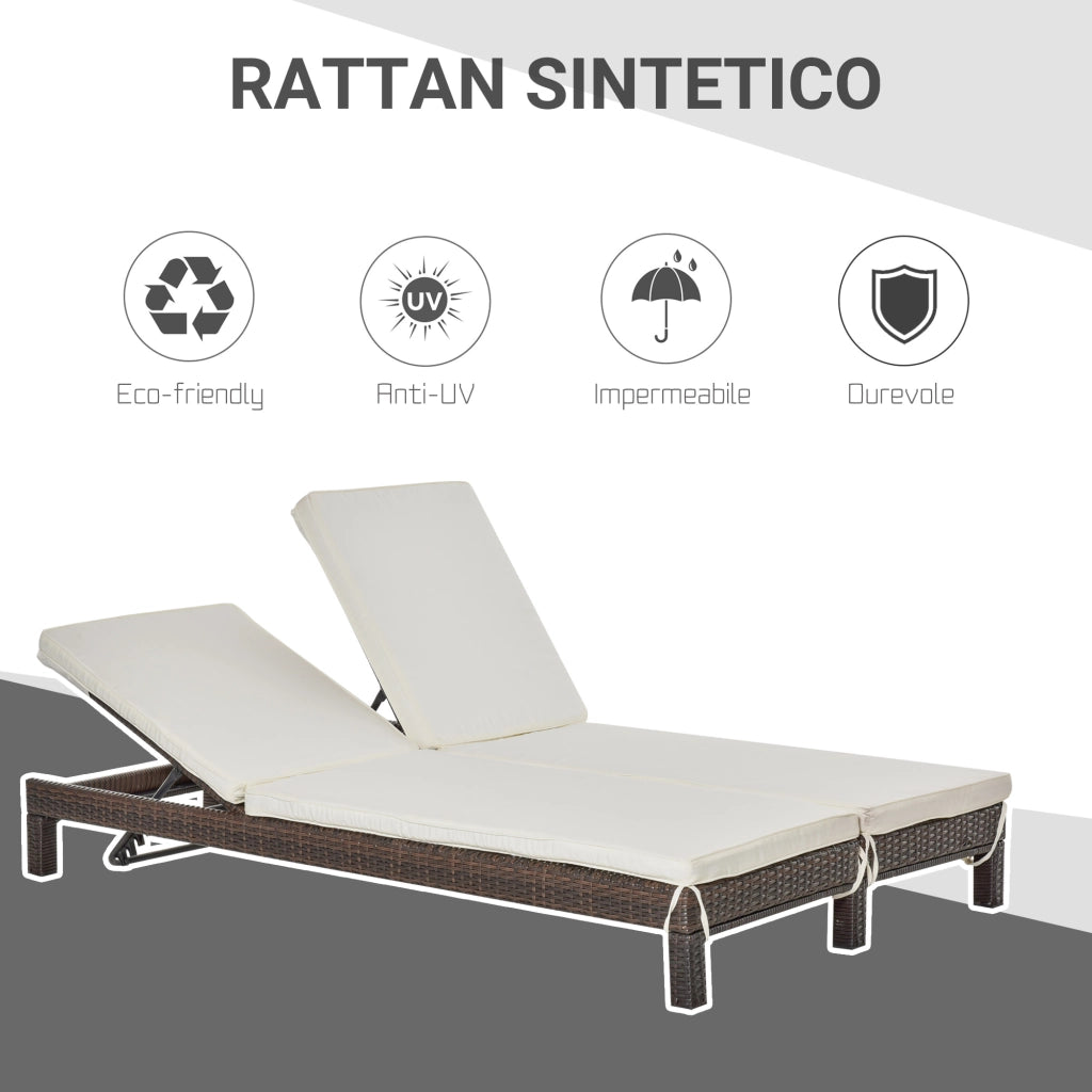 Lettino Prendisole 2 Posti ¨C Minimal ¨C Acciaio e Rattano, Regolabile, 196x120x28cm Marrone e Bianco Crema
