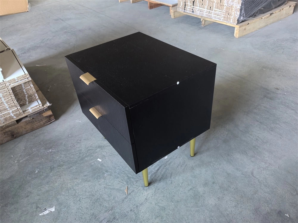 Comodino nero moderno con 2 cassetti, struttura in MDF e gambe in metallo
