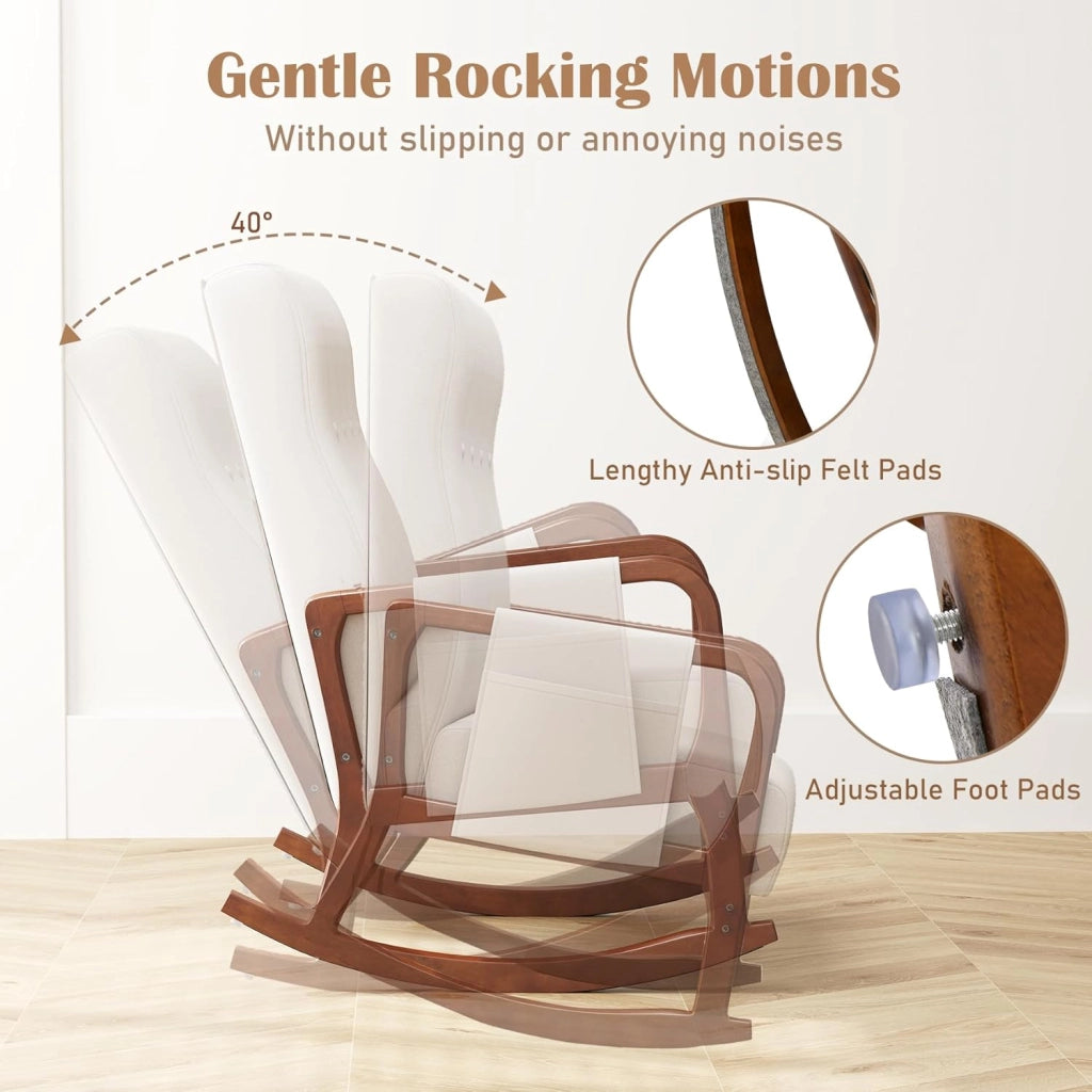 Poltrona a dondolo, Poggiapiedi, Sedia a dondolo, Braccioli confortevoli, Telaio in Legno di Eva, Schienale Curvo, Tasca Laterale Rimovibile, Sedia da Soggiorno, Carico 150 kg, Beige