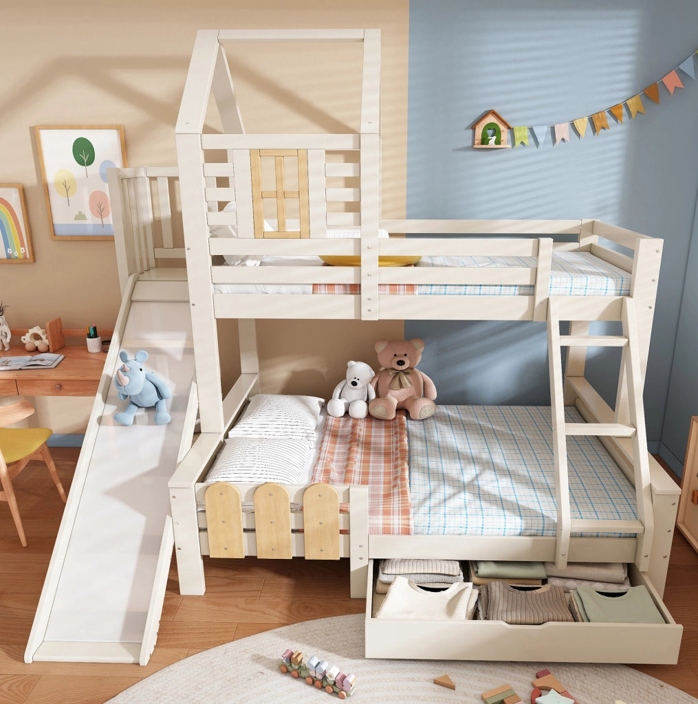 Letto a castello con scivolo e cassetto 90x200 e 140x200 cm; bianco e naturale